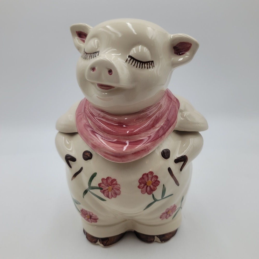 VTG Shawnee Smiley Ceramic Pig Cookie Jar Pink Chrysanthemum Floral Scarf CHIP